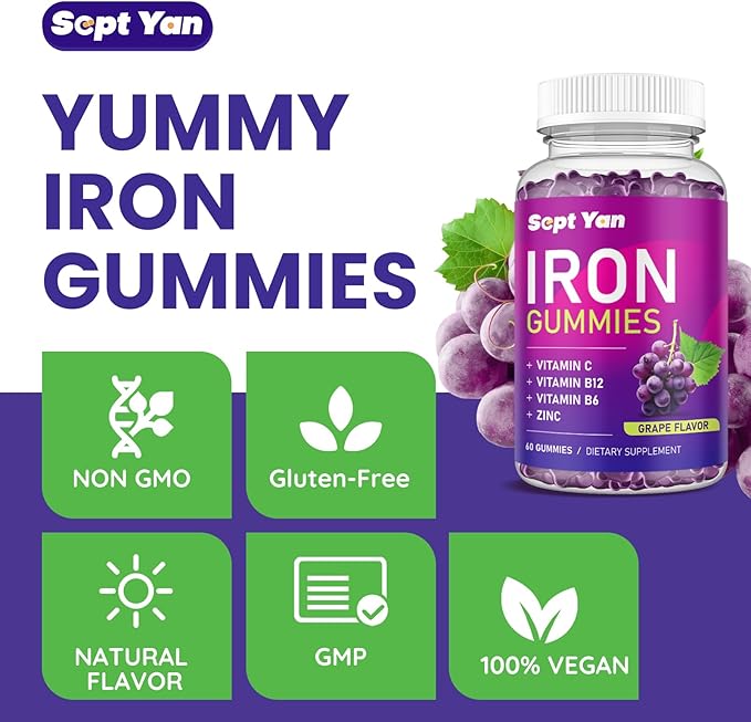 Iron Gummies for Women & Kids - with Vitamin C, B12, B6, Zinc - Blood Builder & Energy - Iron Supplement Gummies Support for Iron Deficiency, Anemia - 60 Vegan Gummies Grape Flavor