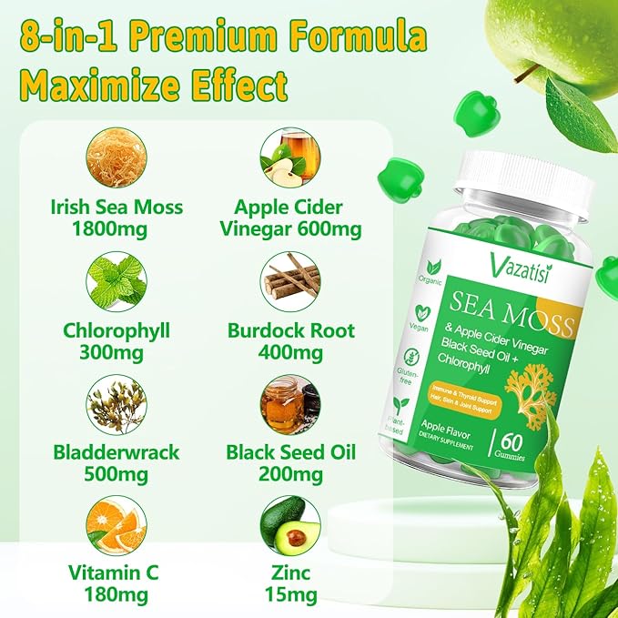 2 Pack Organic Irish Sea Moss Gummies with Black Seed Oil, Chlorophyll - Thyroid, Mood, Energy & Immune Support - Women & Men, Adult & Kid - 120 Vegan Gummies