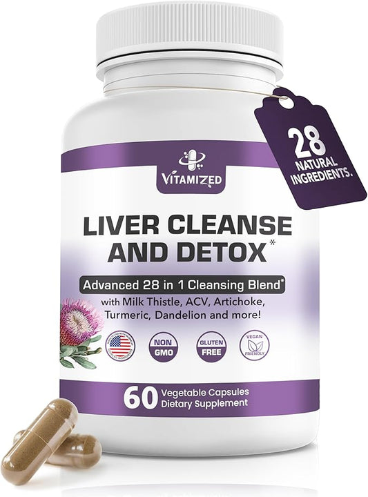 Liver Cleanse Detox & Repair Fatty Liver Supplements 28-in-1 Advanced Herbal Liver Health Supplement Formula - Milk Thistle Silymarin, Artichoke Extract, Dandelion & Apple Cider Vinegar - 60 Pills