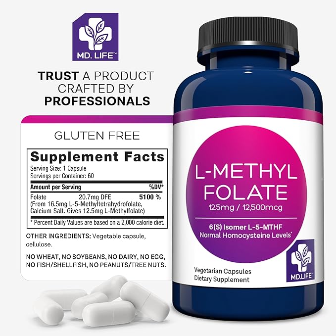 MD Life L Methylfolate 12.5 mg - Professional-Grade Active Methylfolate Supplement - Maximum Potency MTHFR Supplements - L-methylfolate 12.5mg 60 Capsules - Essential Amino Acids