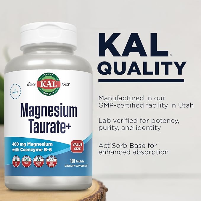 KAL Magnesium Taurate 400mg Plus Vitamin B6, Chelated Magnesium Supplement, High Absorption Magnesium Complex, Muscle and Heart Health Support, Vegan, Gluten Free, 60-Day Guarantee, 60 Serv, 120 Tabs