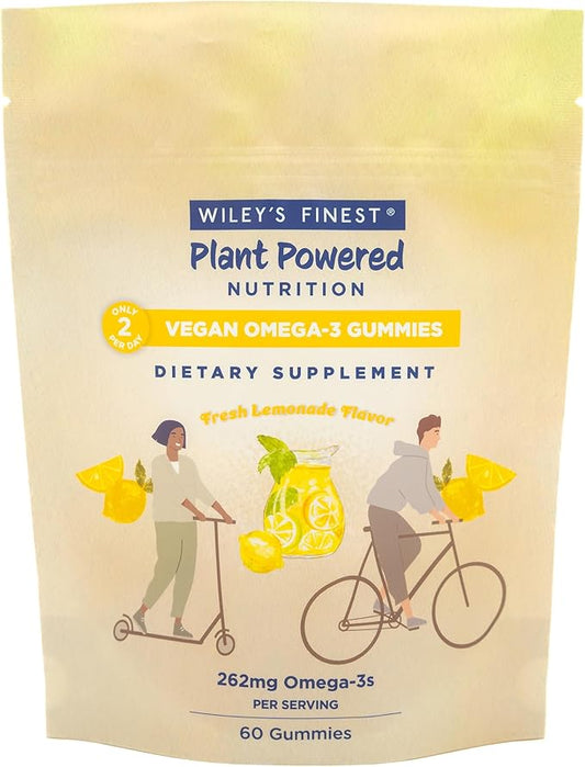 Wiley's Finest Vegan Omega-3 Gummies - Natural Sugar - Vegetarian DHA, ALA & SDA - Gluten Free - Lemon Flavor, 60 Gummies