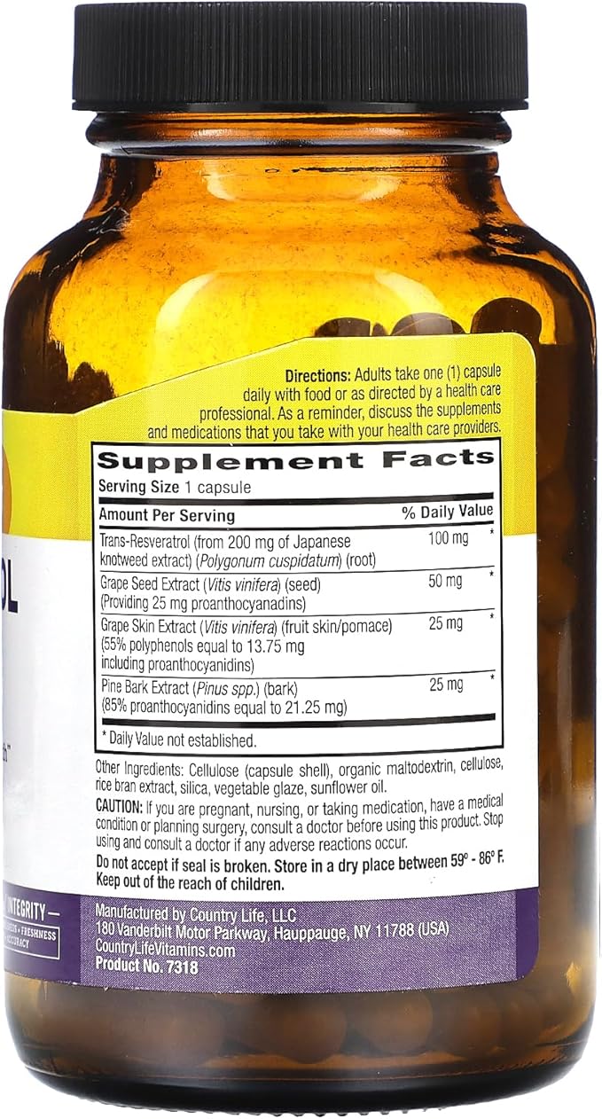 Country Life Resveratrol Plus 1000mg - Organic Antioxidant Supplement with Pine Bark & Grape Seed Extracts - Vegan, Gluten-Free, Non-GMO