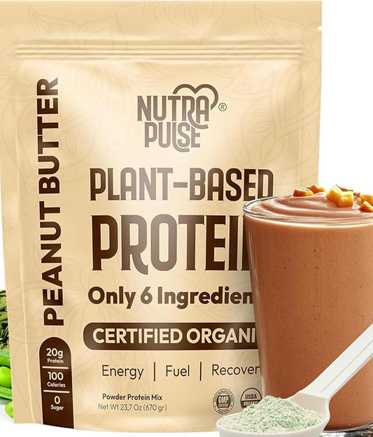 Organic Vegan Protein Powder – Peanut Butter Flavor, Plant-Based, Gluten-Free, Non-GMO, Soy-Free, 20g Protein Per Serving, Ideal for Smoothies, Shakes, Baking, Cooking (1 Pack, 20 Servings)