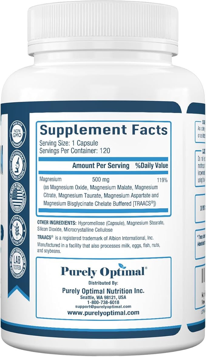 Purely Optimal Magnesium Complex - High Absorption Magnesium Supplement with Magnesium Citrate, Glycinate, Malate & More - High Absorption, Gluten Free, Soy Free, Non-GMO - 120 Capsules