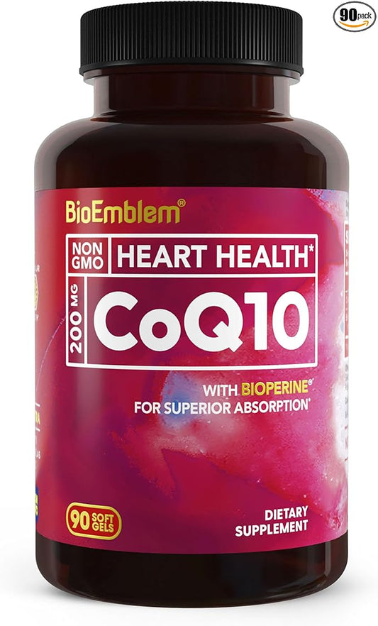 BioEmblem CoQ10 with BioPerine - 200mg Softgels, Superior Absorption - Coenzyme Q10 Antioxidant for Energy Production, Heart Health - Natural Form, Non-GMO CoQ10 Supplement - 90 Count
