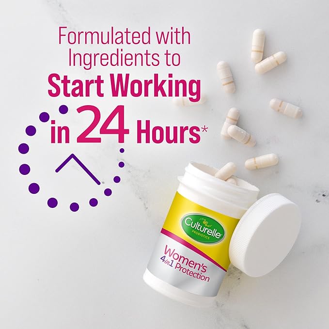 Culturelle 4-in-1 Probiotics for Women, Daily Probiotic & Prebiotic Supplement to Support Vaginal Health, Digestive Health, Immune Health, Occasional Diarrhea, Gas & Bloating Relief, Non-GMO, 30 Count