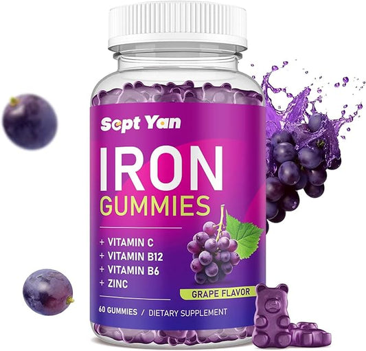 Iron Gummies for Women & Kids - with Vitamin C, B12, B6, Zinc - Blood Builder & Energy - Iron Supplement Gummies Support for Iron Deficiency, Anemia - 60 Vegan Gummies Grape Flavor