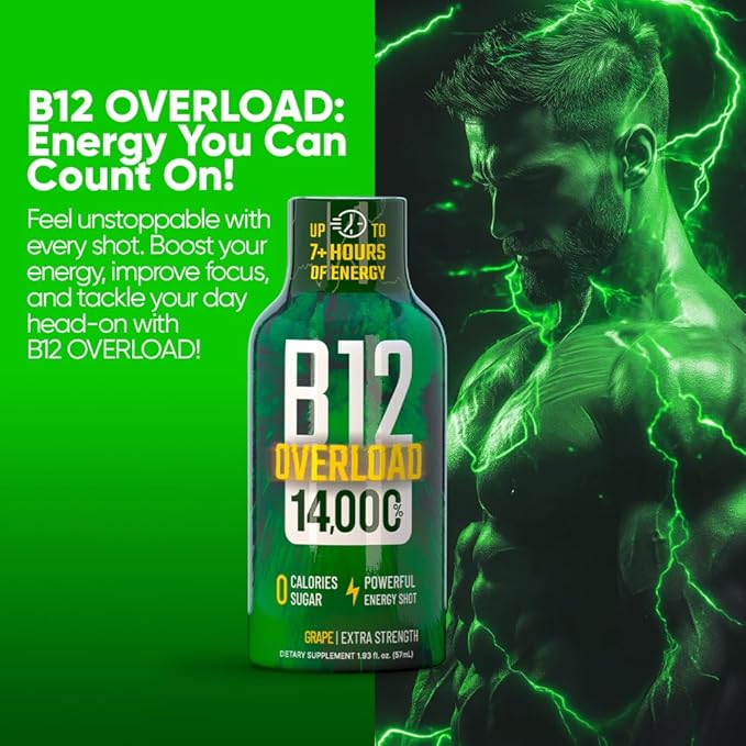 B12 Overload Extra Strength Energy Shot – Grape – 260mg Caffeine, 14000% B12, Electrolytes – Energy & Vitality Support – Zero Sugar No Calories – Vegan, Kosher, Gluten-Free – 1.93 fl oz, 10-Pack