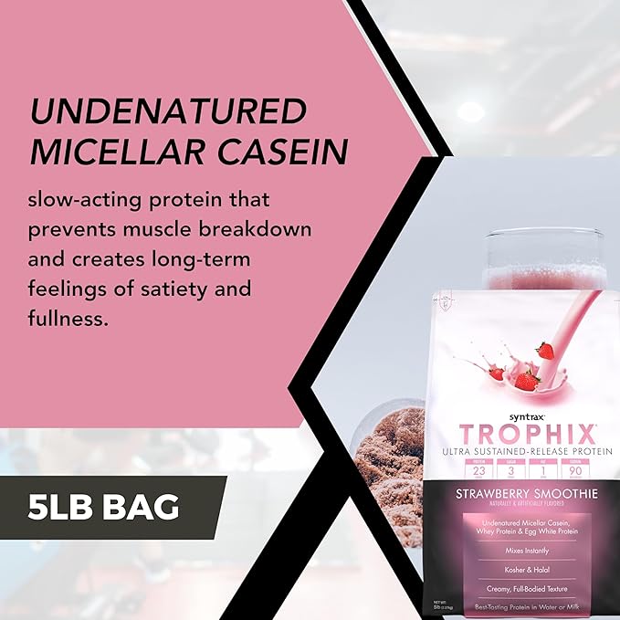 Syntrax Bundle: Trophix Undenatured Casein Protein Strawberry Smoothie - Instant Mix Whey Protein & Egg White Protein Powder - 5 Pounds High Protein Powder and Worldwide Nutrition Keychain