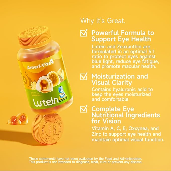 Lutein Gummies – 5mg Lutein & 1mg Zeaxanthin, Eye Vitamins for Kids & Teens, Orange Flavor, Sugar-Free, 60 Gummies
