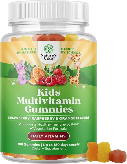 Plant Based Kids Multivitamin Gummies - Multivitamin for Kids Immunity Support Gummies with Vitamins A C D3 E B and Zinc Gelatin and Gluten Free Non-GMO Vitamins Gummy Formula 180ct