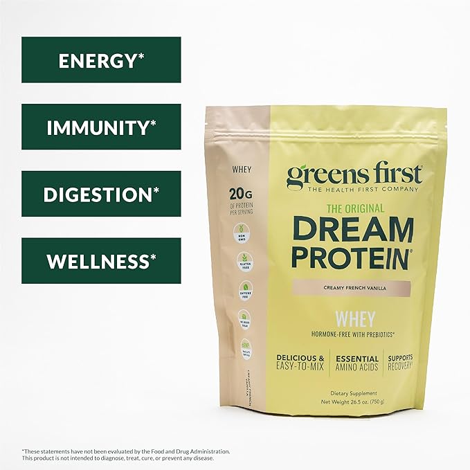 Greens First Dream Protein Powder Whey - 20g Protein Per Serving - Hormone-Free with Prebiotics - Non-GMO - No Artificial Sweeteners/MSG/Aspartame (Creamy French Vanilla, 26.5 oz)