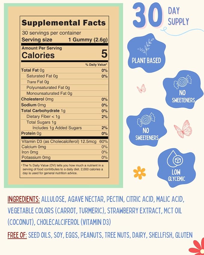 500IU Vitamin D3 Gummies - Organic, Plant-Based, Sugar-Free | Real Strawberry, Allulose, MCT-Oil, Agave | Supports Bones, Immunity, Mood & Sleep