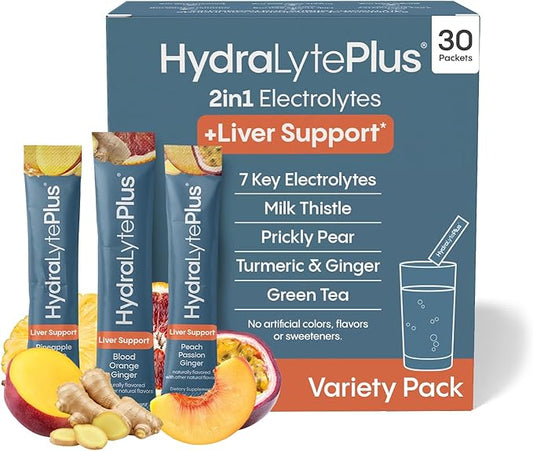 Hydralyte Liver Support + Electrolyte Mix with Milk Thistle, Turmeric, Ginger, Prickly Pear, Green Tea Extract Formulated for Rapid Rehydration (Variety Flavor, 30 Packets)