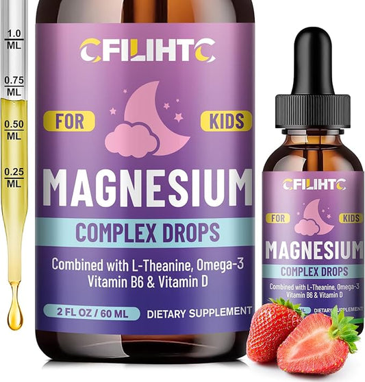 Kids Magnesium Liquid Drops-Magnesium Glycinate Liquid for Kids, L-Threonate Supplement-w/L-theanine, Omega-3, Vitamin B6, D3 - for Sleep, Relaxation, Brain, Bones - 2 Fl Oz Children's Magnesium Calm