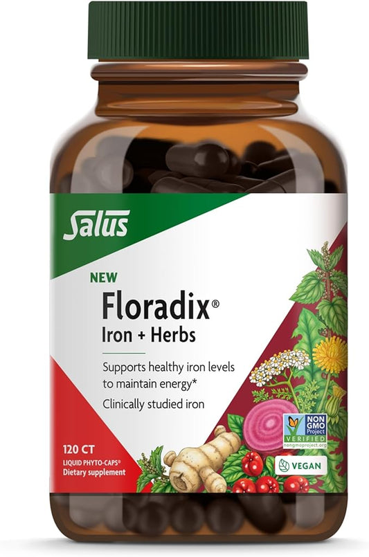 Floradix Iron + Herbs - Iron Supplement for Healthy Energy Support - Vegan, Non-GMO, Gluten-Free, Soy-Free - 120 Liquid Phyto-Caps
