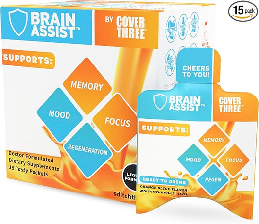 Cover Three Brain Assist Brain Supplement, Nutritional Focus Supplement with Curcumin, Uridine, Orange Slice Liquid Brain Support Formula, High Performance Memory Supplements