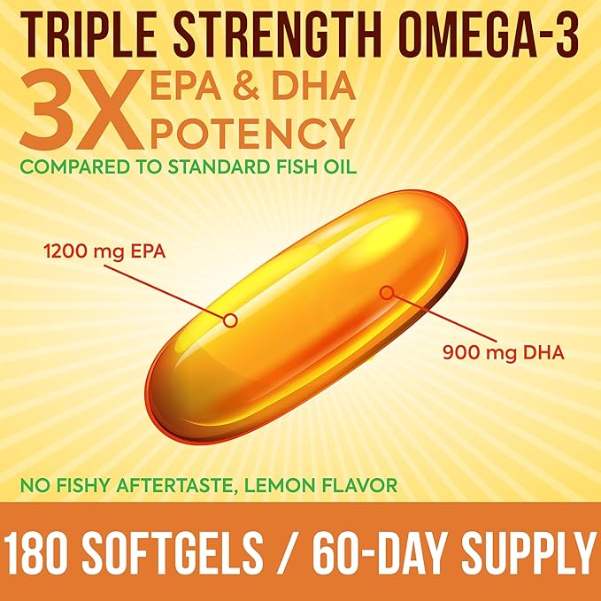 Omega 3 Fish Oil 3750mg Triple Strength | EPA 1200mg + DHA 900mg Fatty Acids | Fish Oil Omega 3 Supplement | Promotes Healthy Heart, Immune System, Eyes, Skin & Brain Function | 180 Burpless Softgels