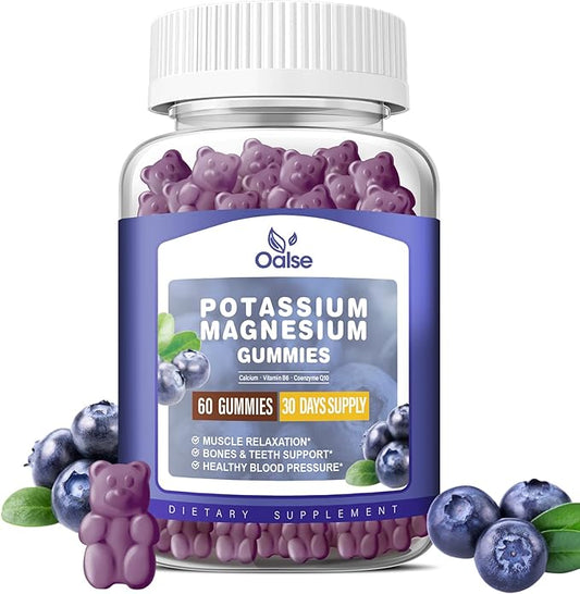 Potassium Magnesium Gummies for Adults Kids, High Absorption Potassium Citrate 99mg Magnesium Citrate 400mg, Chewable Gummy Supplements for Leg & Muscle Health, Blueberry, 60 Count