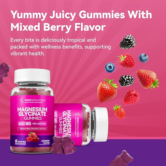 Magnesium Glycinate Gummies 600mg, Non-GMO, Gluten-Free, Magnesium Gummies for Adults & Kids, Sleep, Relaxation & Focus, Mixed Berry Flavor, 60 Count