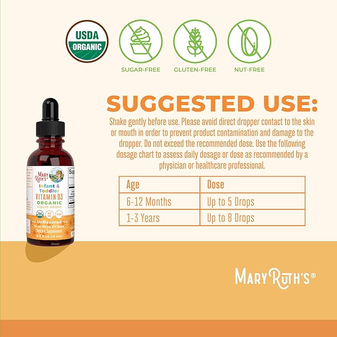 MaryRuth Organics USDA Organic Vitamin D Drops | Vitamin D3 Liquid | Sugar Free | Liquid Vitamin D Drops Immune Support for Infants & Toddlers | VIT D3 | Gluten Free | Non-GMO | 90-150 Servings