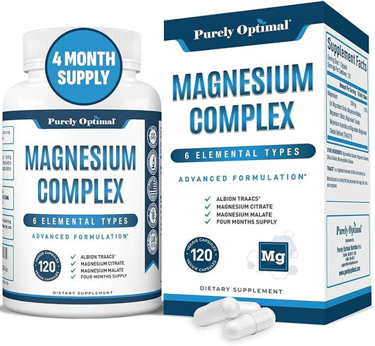 Purely Optimal Magnesium Complex - High Absorption Magnesium Supplement with Magnesium Citrate, Glycinate, Malate & More - High Absorption, Gluten Free, Soy Free, Non-GMO - 120 Capsules