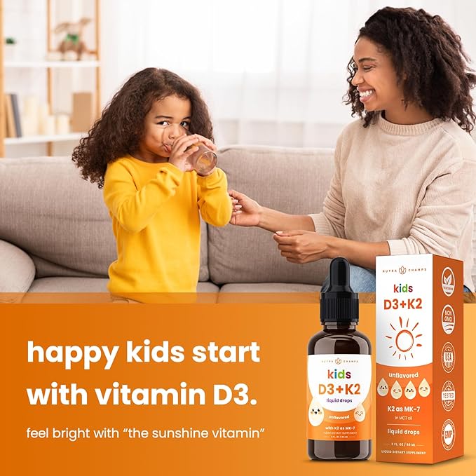NutraChamps Kids Vitamin D 3 K2 Drops, Vitamin D3 & K2 MK-7, Liquid Vitamin D for Kids 1000 IU, Healthy Bones, Heart & Immune System, Sugar Free Supplement for Toddlers, 300 Servings