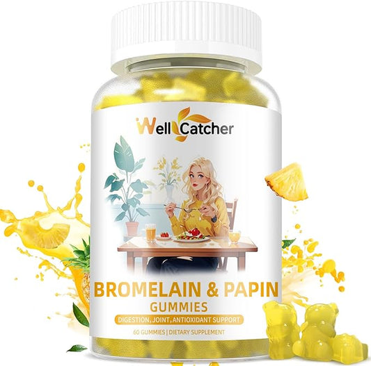 Bromelain Papain Enzyme Gummies Supplement: Bromelain 500MG with Querectin Gummies for Adults Kids, Organic Bromelain Papaya Enzymes Chewable for Digestive Support Immunity Antioxidant Vegan 60CT