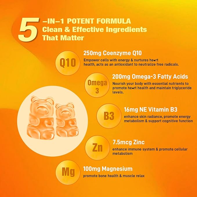 2 Pack CoQ10 Gummies, Plus Omega-3, Vitamin B3 and Zinc, Magnesium, 5X High Absorption Coenzyme Q10 Supplements, q10 for Boost Cellular Energy, Potent Antioxidant & Brain, Peach Flavor, 120 Cts