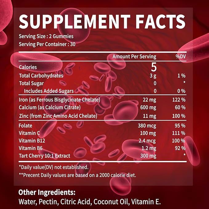 Tart Cherry Iron Supplement for Women & Men, Iron Gummies with Calcium, Zinc, Folate & Vitamin C & B12 for Immune Support, (60 Count) - Sugar Free,Vegan (Mothers Day Gifts for Mom)