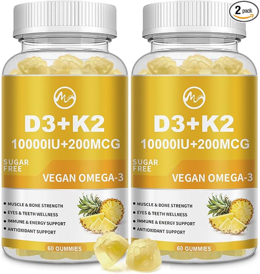 Vitamin D3 K2 Gummies, Vitamin D3 10000IU, K2 (MK-7) 200mcg, 6-in-1 Vitamina D3 Con K2 Supplement with Omega-3, Magnesium, Calcium and Zinc for Bones, Teeth & Immune Support, Sugar Free, 2 Packs