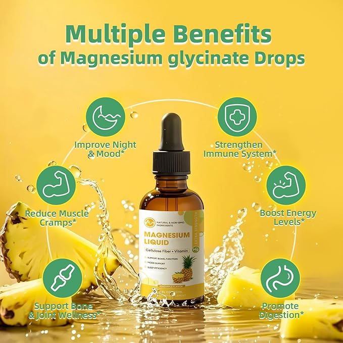 Magnesium Glycinate Liquid, High Absorption Magnesium Liquid Drops with Cellulose Fiber, Bromelain, Vitamin B6, C, D, Zinc, Magnesium Supplement for Kids and Adults, Pineapple Flavor, 1 Pack