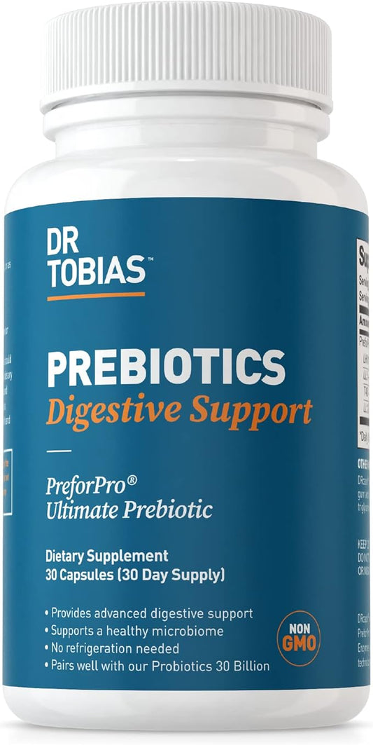 Dr. Tobias Prebiotics, Supports Digestion & Gut Health, Feed Good Probiotic Bacteria, Boost Gut Immune Function, Vegan & Non-GMO Gut Health Supplements for Men and Women, 30 Capsules, 30 Servings