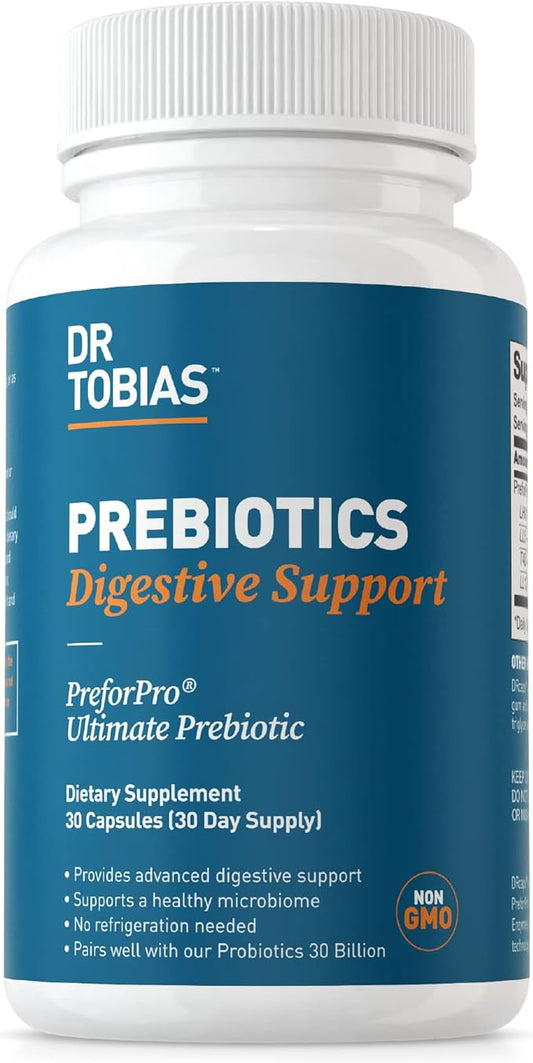 Dr. Tobias Prebiotics, Supports Digestion & Gut Health, Feed Good Probiotic Bacteria, Boost Gut Immune Function, Vegan & Non-GMO Gut Health Supplements for Men and Women, 30 Capsules, 30 Servings