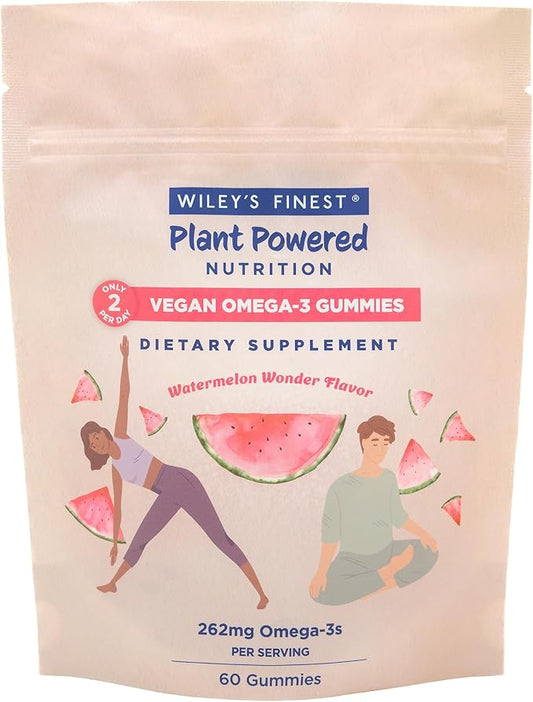 Wiley's Finest Vegan Omega-3 Gummies - Natural Sugar - Vegetarian DHA, ALA & SDA - Gluten Free - Watermelon Flavor, 60 Gummies