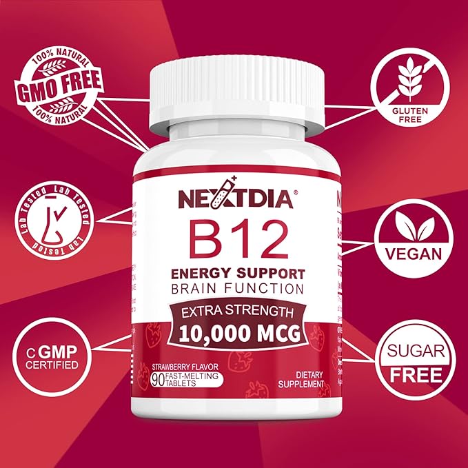 Vitamin B12, Methylcobalamin 10000 mcg, Active B12 Vitamins, Vegan Methyl B12 For Energy Metabolism & Brain Health, Boost Immune System, Natural Strawberry Flavor, Zero Sugar, 90 Fast Dissolve Tablets