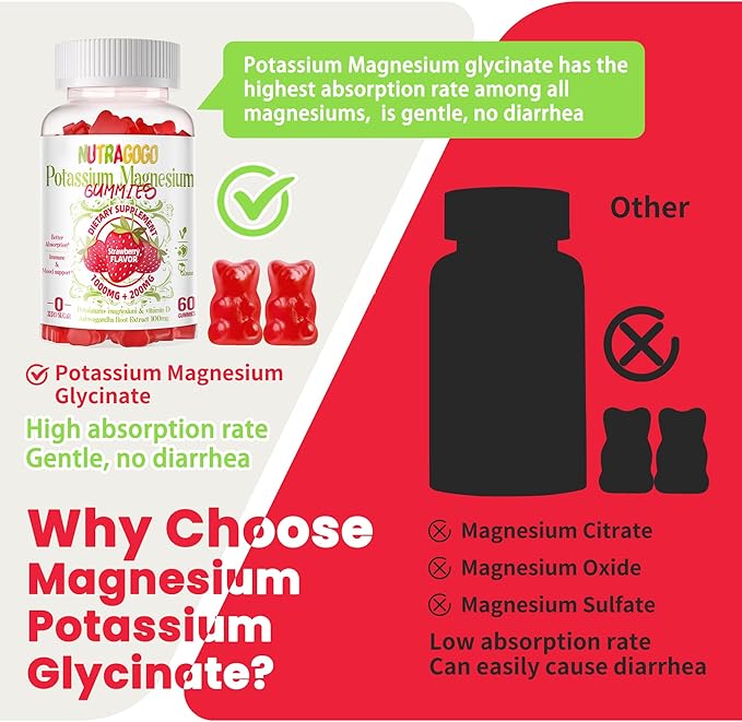 Potassium Magnesium Gummies,Potassium Supplement w/Ashwagandha,High Absorption Magnesium Glycinate,B6,D3,Potassium Citrate,Electroyte for Adults Kids,Sugar-Free, 120 Strawberry Chews