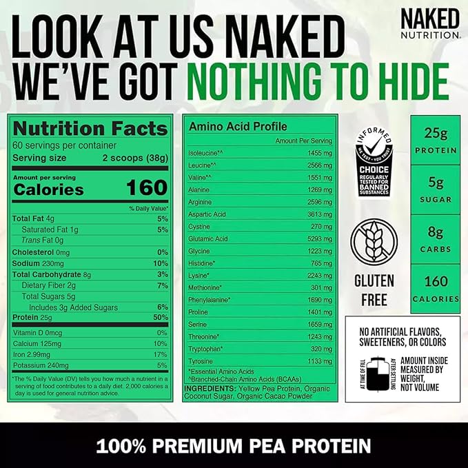 NAKED nutrition Chocolate Naked Pea Protein Isolate - 5Lb Bulk, Plant Based, Vegetarian & Vegan Protein. Easy To Digest, Non-Gmo, Gluten Free, Lactose Free, Soy Free