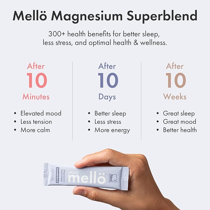 Mellö Magnesium Supplement Superblend Powder - Magnesium Glycinate with L-Theanine, GABA, and Trace Minerals - Supports Sleep, Relaxation, and Balanced Energy - Pomegranate Flavor, 10-Pack, Singles