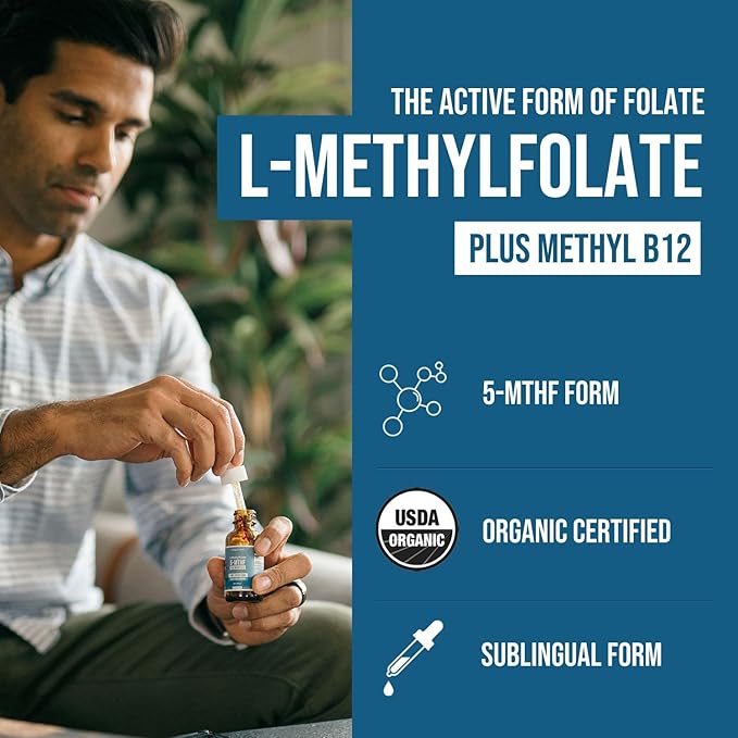 Organic Methyl Folate 1000 mcg + Methyl B12 Cofactor (300 Servings) – Metabolically Active 5-MTHF Form, Organic Berry Flavor, Liquid Sublingual Form – Mood, Cognition, Methylation, Pregnancy (1oz)
