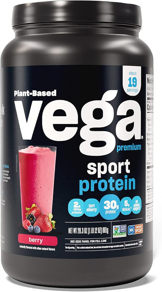 Vega Premium Sport Protein Berry Protein Powder, Vegan, Non GMO, Gluten Free Plant Based Protein Powder Drink Mix, NSF Certified for Sport, 28.3 oz