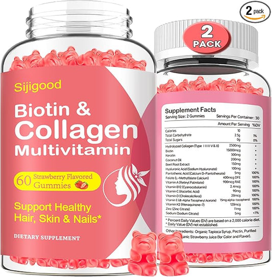 2 Pack Collagen Gummies for Women Men, Hydrolyzed Collagen Peptides Types I,II,III,V,X with Biotin & Hyaluronic Acid, Vitamins C A D E B12 K2 Support, Sugar-Free for Skin Hair Nails Immunity Energy