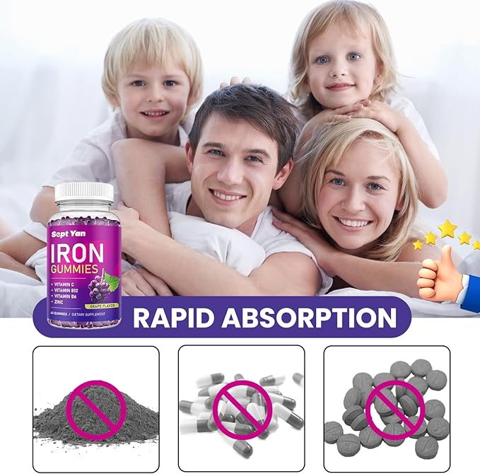 Iron Gummies for Women & Kids - with Vitamin C, B12, B6, Zinc - Blood Builder & Energy - Iron Supplement Gummies Support for Iron Deficiency, Anemia - 60 Vegan Gummies Grape Flavor