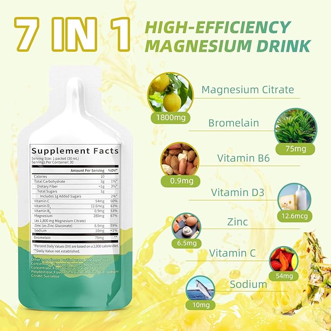 Magnesium Citrate Liquid Supplement,Magnesium Drink/Oral Solution with Bromelain,Vitamin,Zinc and Sodium for Zzz and Gut Support,Pineapple,30 Day Supply