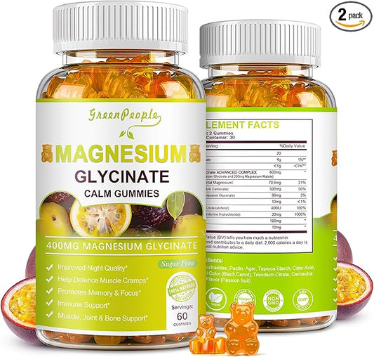 Magnesium Glycinate Gummies 400mg - Sugar Free Magnesium Potassium Supplement with Magnesium Malate, Vitamin D, B6, and CoQ10 for Calm Support & Sleep for Adults - Passion Fruit Gummies