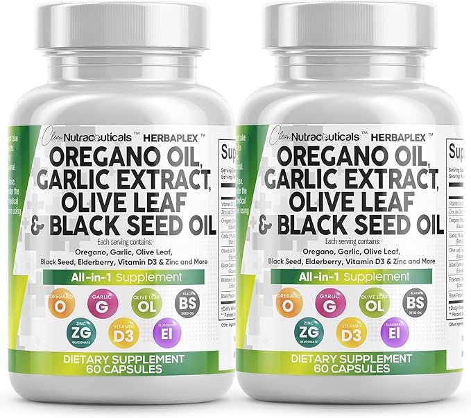 Clean Nutraceuticals Oregano Oil Garlic Extract Olive Leaf Black Seed Oil - Immune Support & Digestive Health Supplement for Women and Men with Vitamin D3 & Zinc - 2Pack