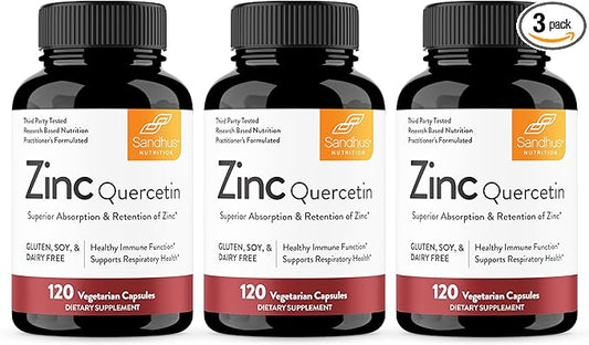 Sandhu's Zinc Quercetin 120 Vegetarian Capsules (Pack of 3) – Zinc Supplements for Antioxidant Immune Support Zinc for Men and Women