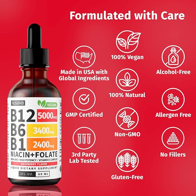 (2 Pack) Vitamin B12 and B6 Liquid Drops, B12 Sublingual Vitamin B Complex - B 12 Vitamin 5000mcg - B12 Methylcobalamin for Energy, Brain, and Heart Support with 27,200 mcg, Raspberry, 80 Servings
