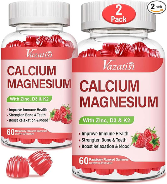 Calcium Magnesium Zinc Gummies with Vitamin D3 & K2, High Absorption Magnesium Glycinate Potassium for Immune and Calm Mood, Raspberry Flavor 120 Gummies